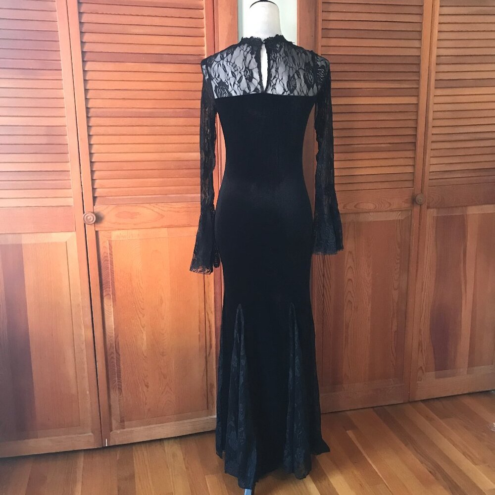 Gothic Victorian Flowers of Evil Black Velvet & Lace Morticia Gown Dress - Picture 10 of 13